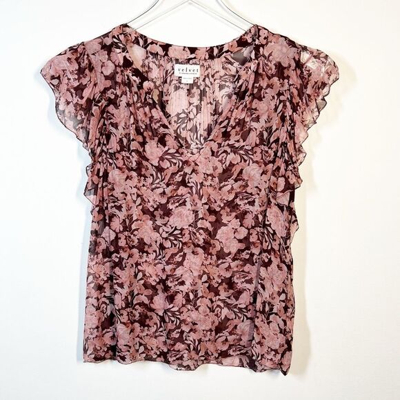 Velvet Women’s Size Large Red Pink Romantic Ruffled Floral Print Viscose Shirt - Picture 7 of 14